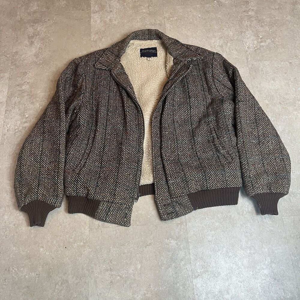 Vintage Manhattan Men’s Herringbone Tweed Bomber Jacket Size XL